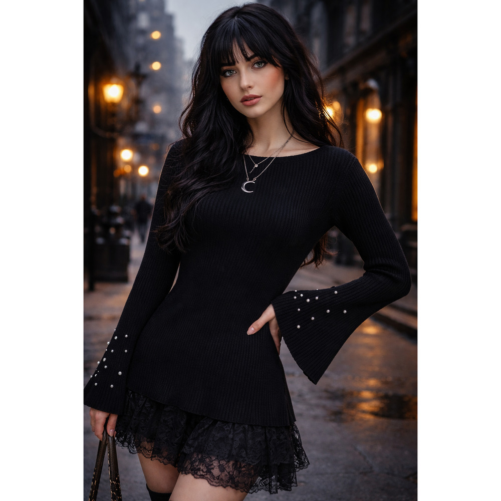 Venus knit top flare sleeve with pearl embellishment whimsigoth fairy grunge XL